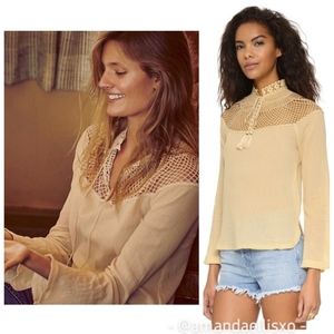 Free People On the Island Crochet Blouse in Natural Pale Yellow Medium